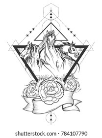 illustration of Tattoo art design of horse racing in line art