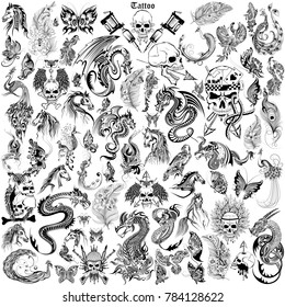 illustration of Tattoo art design of Skull, Horse, Dragon and Flora collection