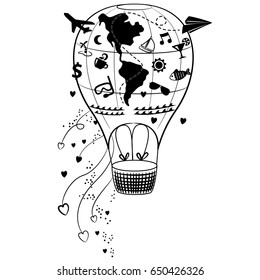 Illustration tattoo, balloon with amusing icons representing travel and tourism. Ideal for coloring materials, or tattoo model