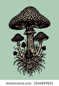 Illustration for tattoo with cluster of mushrooms, Amanita flytrap