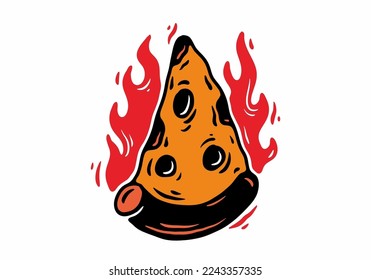 Illustration tattoo design of a slice pizza with fire