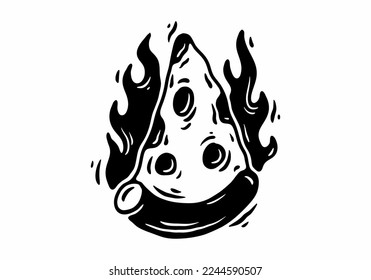 Illustration tattoo design of a slice pizza with fire