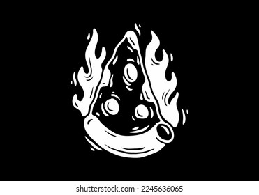 Illustration tattoo design of a slice pizza with fire