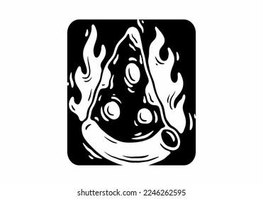 Illustration tattoo design of a slice pizza with fire