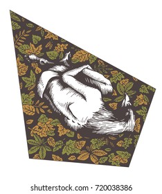 Illustration. Tattoo. Girl-crow lying on the ground with falling autumn leaves