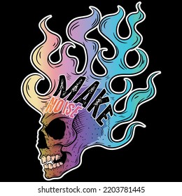 Illustration tattoo and motorcycle style skull with flames and gradient urban fashion.