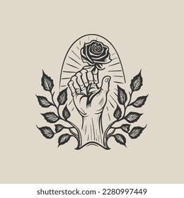 ilustración de la mano del esqueleto del tatuaje sosteniendo una ilustración del vector de fondo rosa