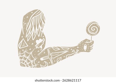 Illustration of a tattooed arm holding a lollipop. The arm features various designs like wings, planets, and geometric shapes on a white background. Illustration vector.