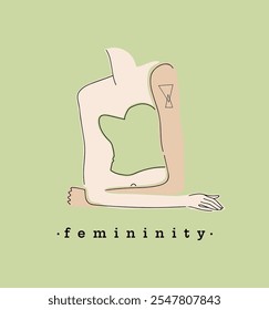 Illustration of a tattooed girl sitting in an elegant feminine pose. The girl is wearing a green top and has a triangle tattoo on her arm. Femininity picture concept.