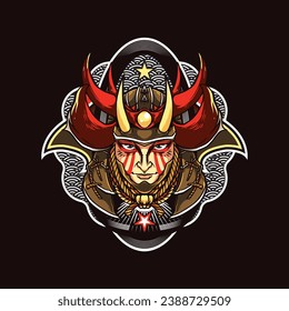 illustration of a tattooed human head wearing a samurai helmet 
for t-shirt, poster, sticker, tattoo and other purposes.