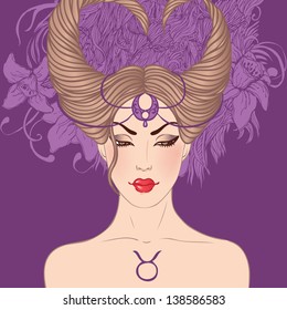 Illustration of taurus astrological sign as a beautiful girl. Vector.