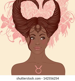 Illustration of Taurus astrological sign as a beautiful African American girl. Zodiac vector illustration isolated on white. Future telling, horoscope, alchemy, spirituality, fashion black woman.