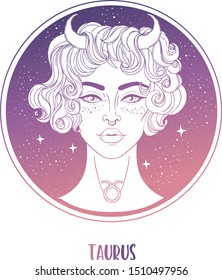 Illustration of Taurus astrological sign as a beautiful girl. Zodiac vector illustration isolated on white. Future telling, horoscope, alchemy, spirituality, occultism, fashion woman.