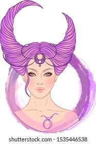 Illustration of Taurus astrological sign as a beautiful girl. Zodiac vector illustration isolated on white. Future telling, horoscope, alchemy, spirituality, occultism, fashion woman.