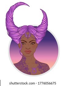 Ilustración de la señal astrológica de Taurus como una hermosa niña afroamericana. Ilustración del vector zodiaco aislada en blanco. Futuro narrativo, horóscopo, alquimia, espiritualidad, mujer negra de moda.