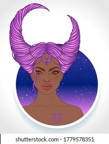 Illustration of Taurus astrological sign as a beautiful African American girl. Zodiac vector illustration isolated on white. Future telling, horoscope, alchemy, spirituality, fashion black woman.