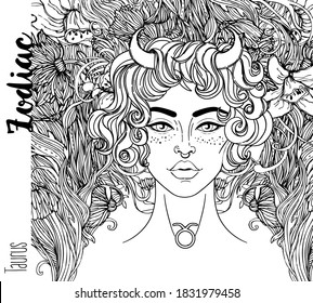 Illustration of Taurus astrological sign as a beautiful girl. Zodiac vector drawing isolated in black and white. Future telling, horoscope, alchemy, spirituality. Coloring book for adults.