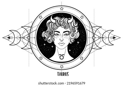 Illustration of Taurus astrology sign as a beautiful girl over sacred geometry frame. Zodiac vector drawing isolated in black and white. Future telling, horoscope, spirituality. Coloring book.