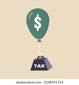 Illustration of a tax balloon flying with heavy debts professionally. The concept of burdensome tax