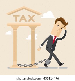 Illustration of tax burden. Businessman is chained  to tax. Vector, flat