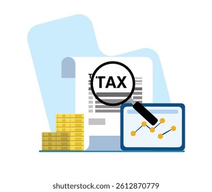 Illustration of tax document analysis with magnifying glass and financial charts, along with coin stacks. Great for accounting and financial planning concepts.