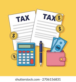 Illustration of tax preparation elements: tax documents, calculator, pen, wallet with money, and coins, on a yellow background.