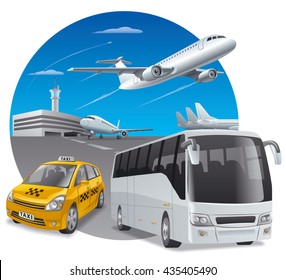 illustration of taxi car and bus in airport for passengers