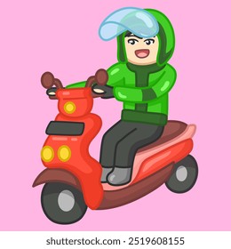 an illustration of a taxi driver that is ready to serve you with a motorcycle