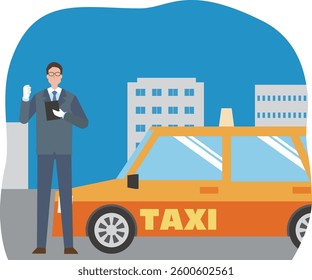 Illustration of a taxi and a male driver
