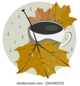 Illustration: tea, autumn leaves, rain. Poster.