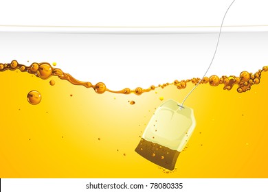 illustration of tea bag dipped in tea cup