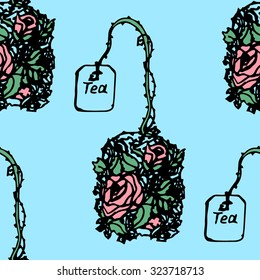 Illustration of a tea bag with herbs, flowers. Seamless pattern.