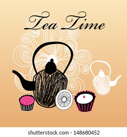 illustration with tea and cakes 