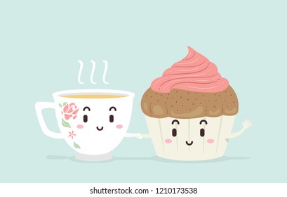 Illustration of a Tea Cup Mascot and a Cupcake with Pink Frosting Mascot