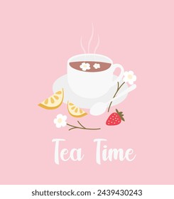 Illustration of a tea cup on a light pink background.