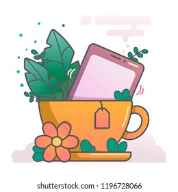 Illustration of a tea cup with a phone