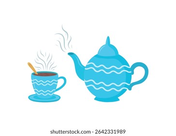 Illustration of a tea cup with a saucer and a teapot. A teapot with a cup on a saucer. Vector illustration of a cup and teapot.