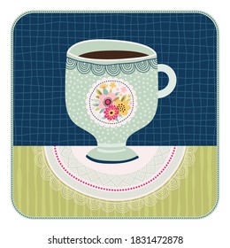 Illustration with a tea cup. Template for card or print