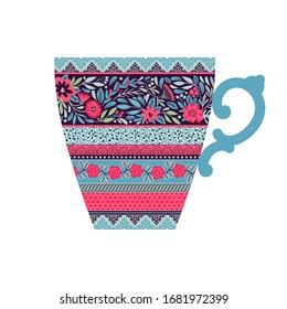 Ilustración con una taza de té. Plantilla para postal o impresión. Estilo de mosaico