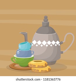 illustration of tea drinking with a teapot and mug, vector