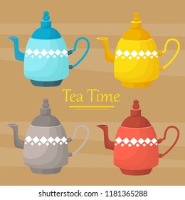 illustration of tea drinking with teapots, vector
