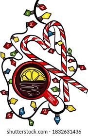 Illustration tea with lemon, Christmas candy and garland, new year mood