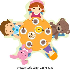 Illustration of a Tea Party Set Complete with Dolls and Stuffed Animals