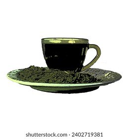 Illustration von Tee serviert in einer Tasse auf einem Teller mit Pulver.