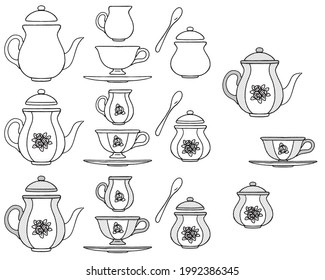Ilustración del set de té, ilustración del set de café. Dibujo de línea.