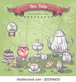 Illustration of a tea set with a jar of jam, muffins, pies and croissants