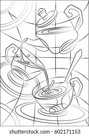 Illustration of a tea set, a panel, a stained-glass window for a kitchen, a coloring book for children and adults, a wonderful tea-party.