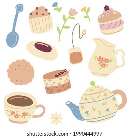 Illustration of tea set with some desserts. Can be used as a sticker or decoration.