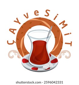 An illustration of tea and simit concept. A tulip-shaped Turkish tea glass, red-patterned saucer, sugar cubes, and a simit figure highlight traditional Turkish breakfast culture