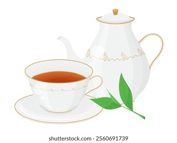 Illustration of tea with teacup, pot and tea leaves